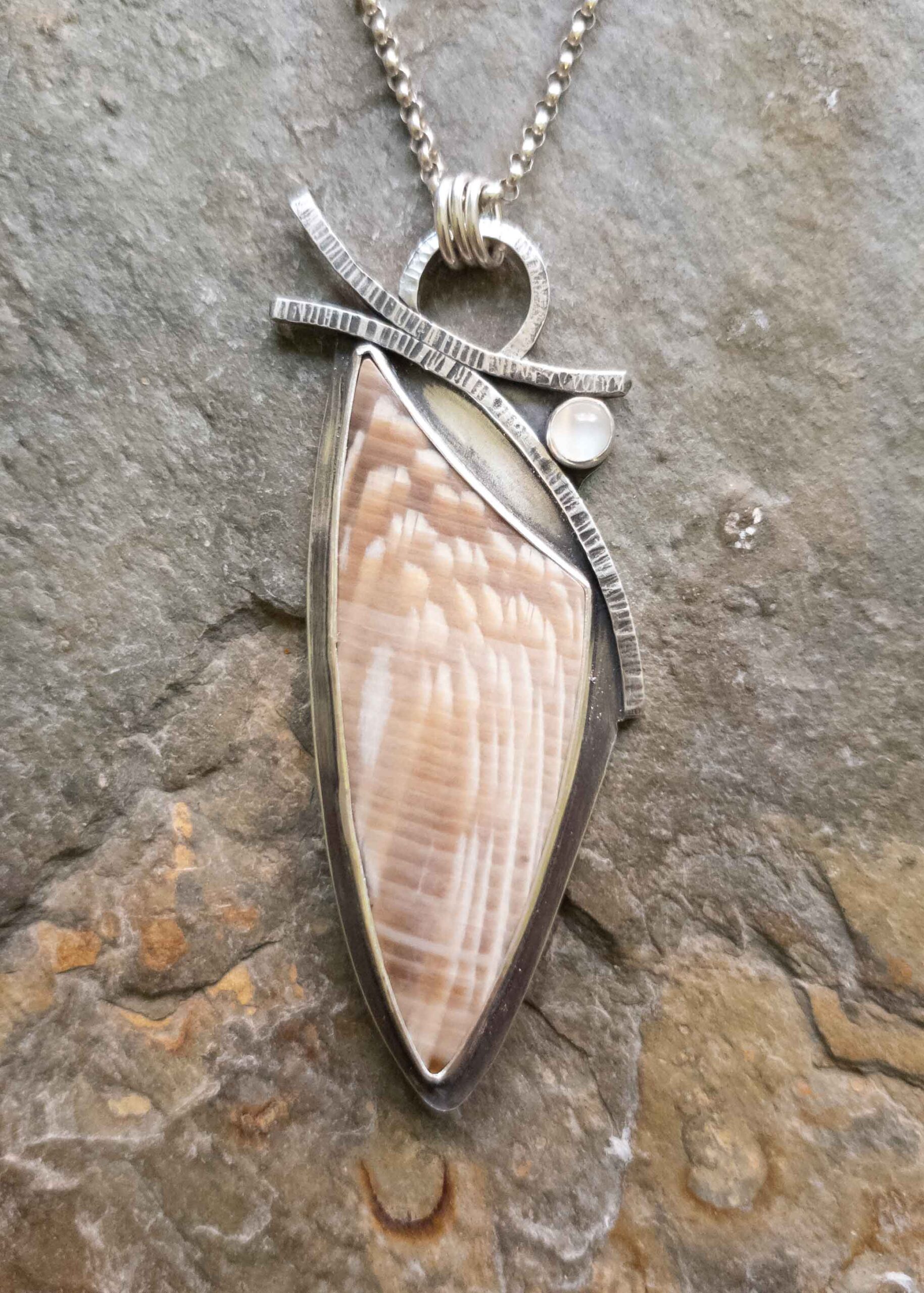 moon angel pendant - petrified sycamore and moonstone Dona Miller Designs, LLC