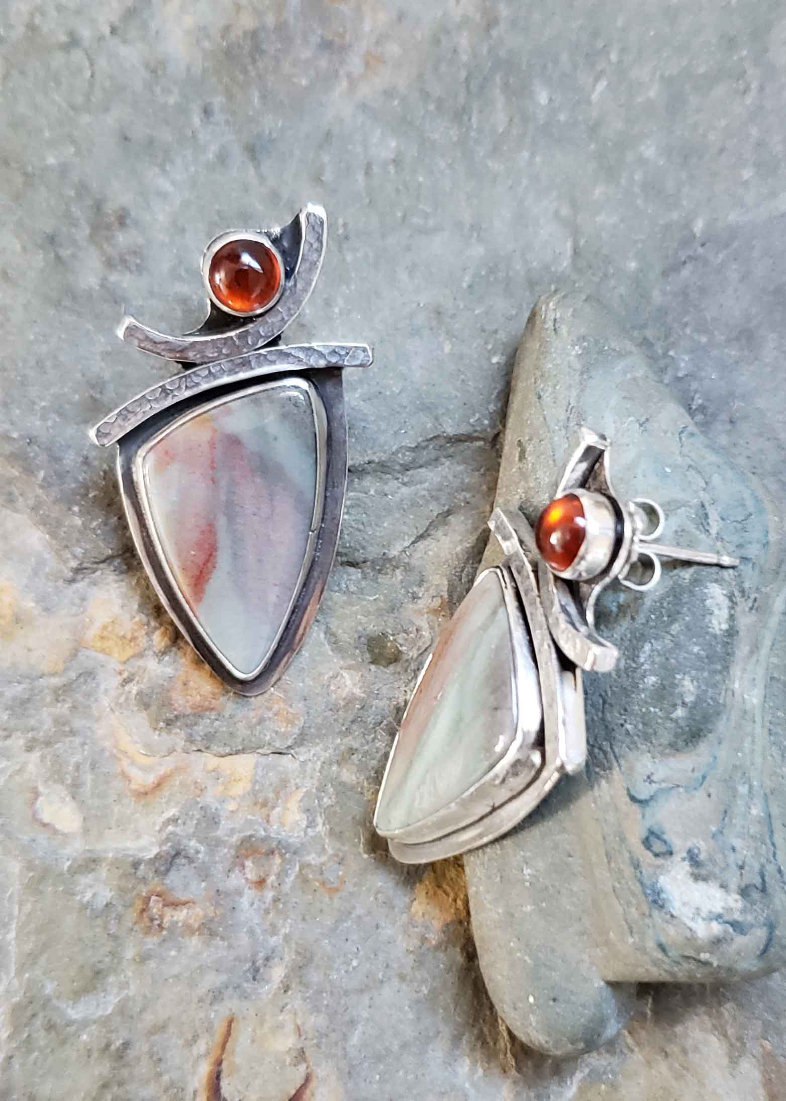 Peach, blues and rust in these silver post earrings by Dona Miller.