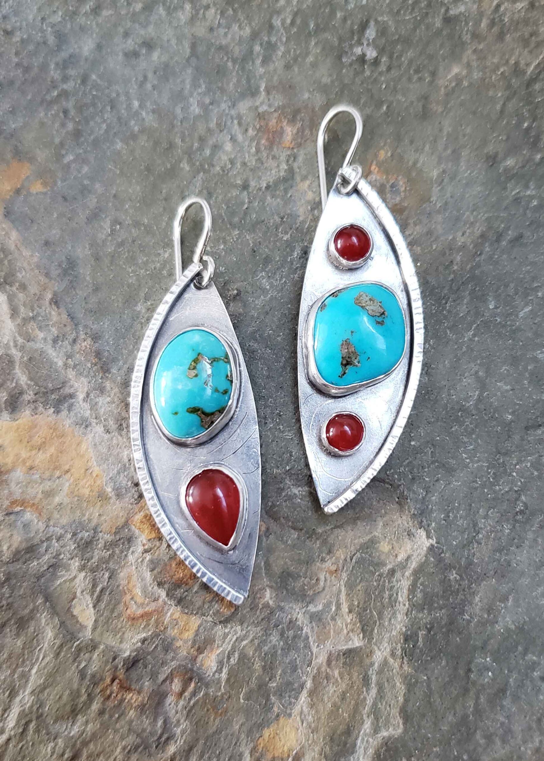 Silver, turquois and red carnelian contemporary earrings by Dona Miller.