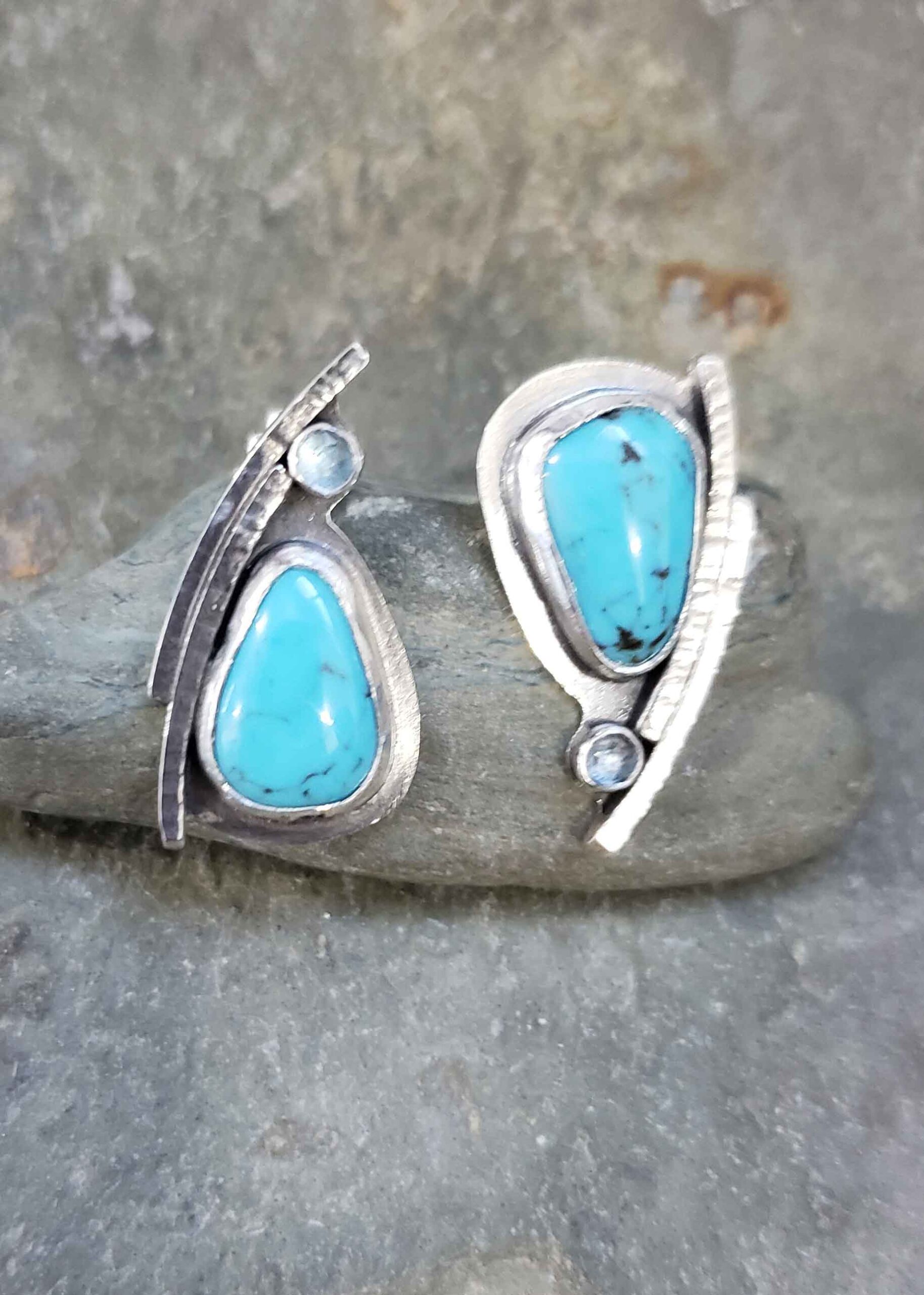 Turquoise and blue topaz silver post earrings by Dona Miller.