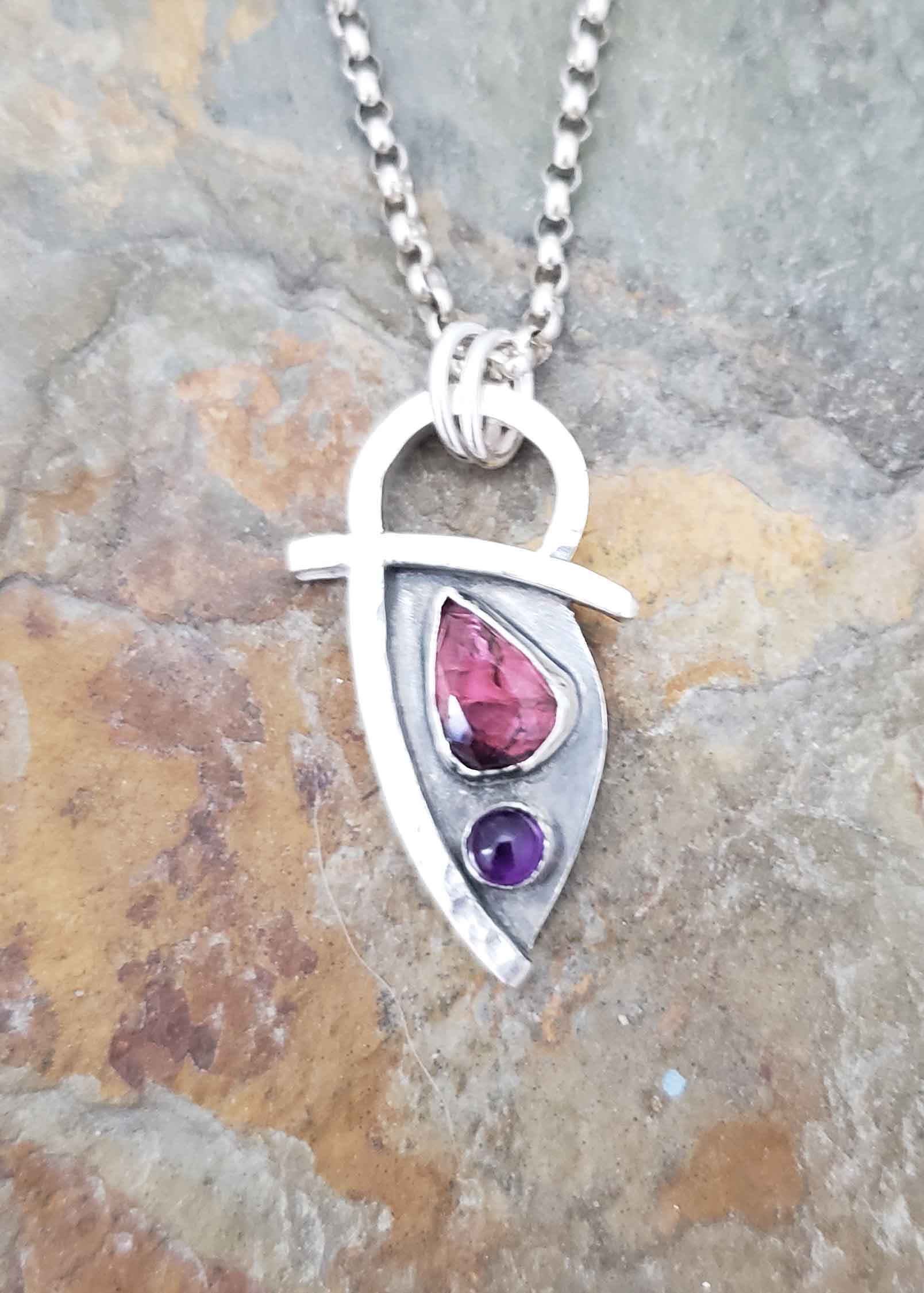 Rose cut pink Tourmaline and Amethysts petite pendant.