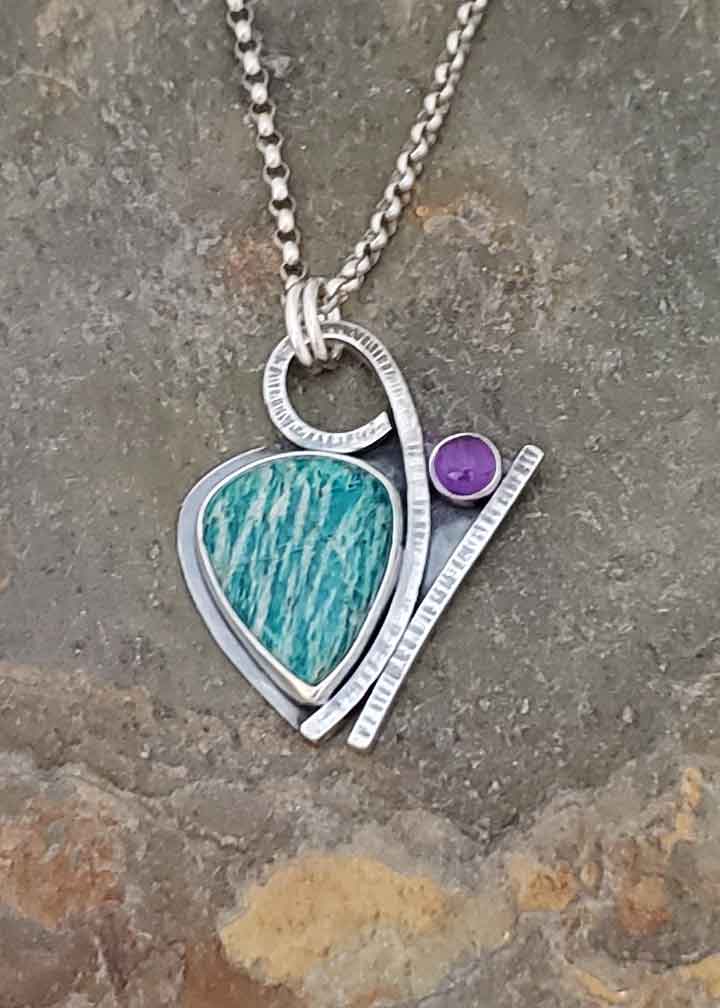 Luck of the Draw - turquoise amazonite and purple amethyst silver pendant.