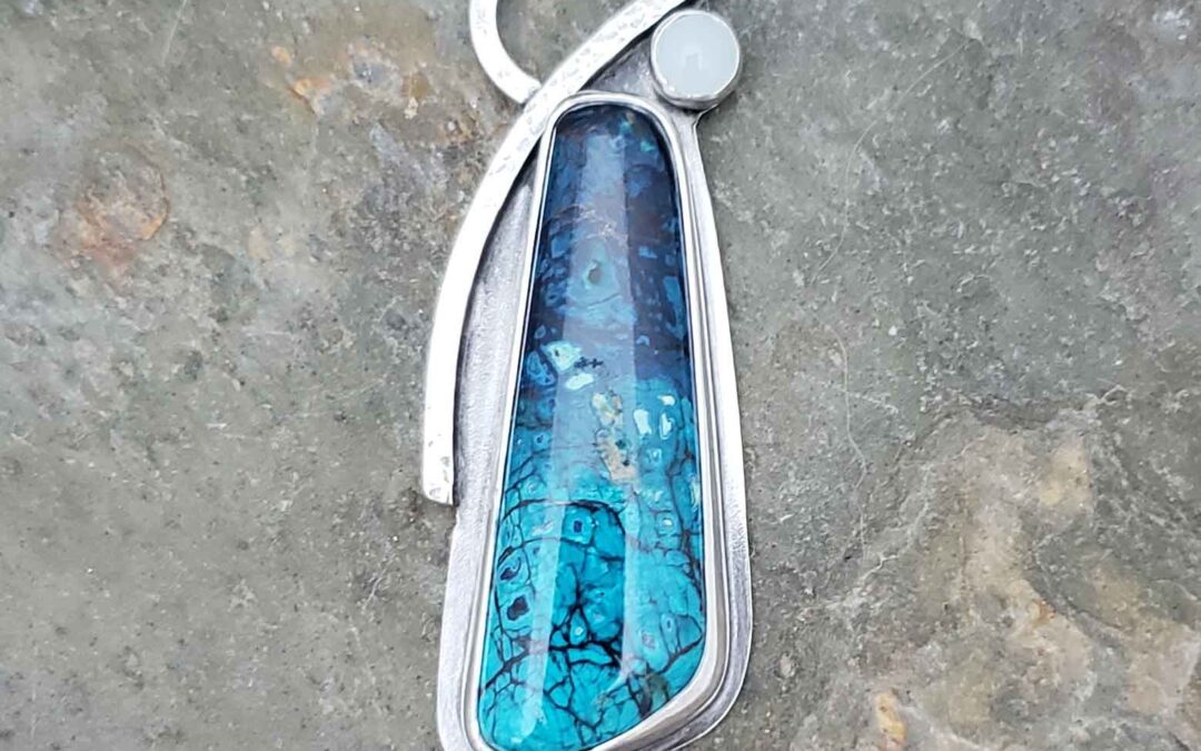 Nightfall silver pendent with blue chrysocolla and aquamarine.