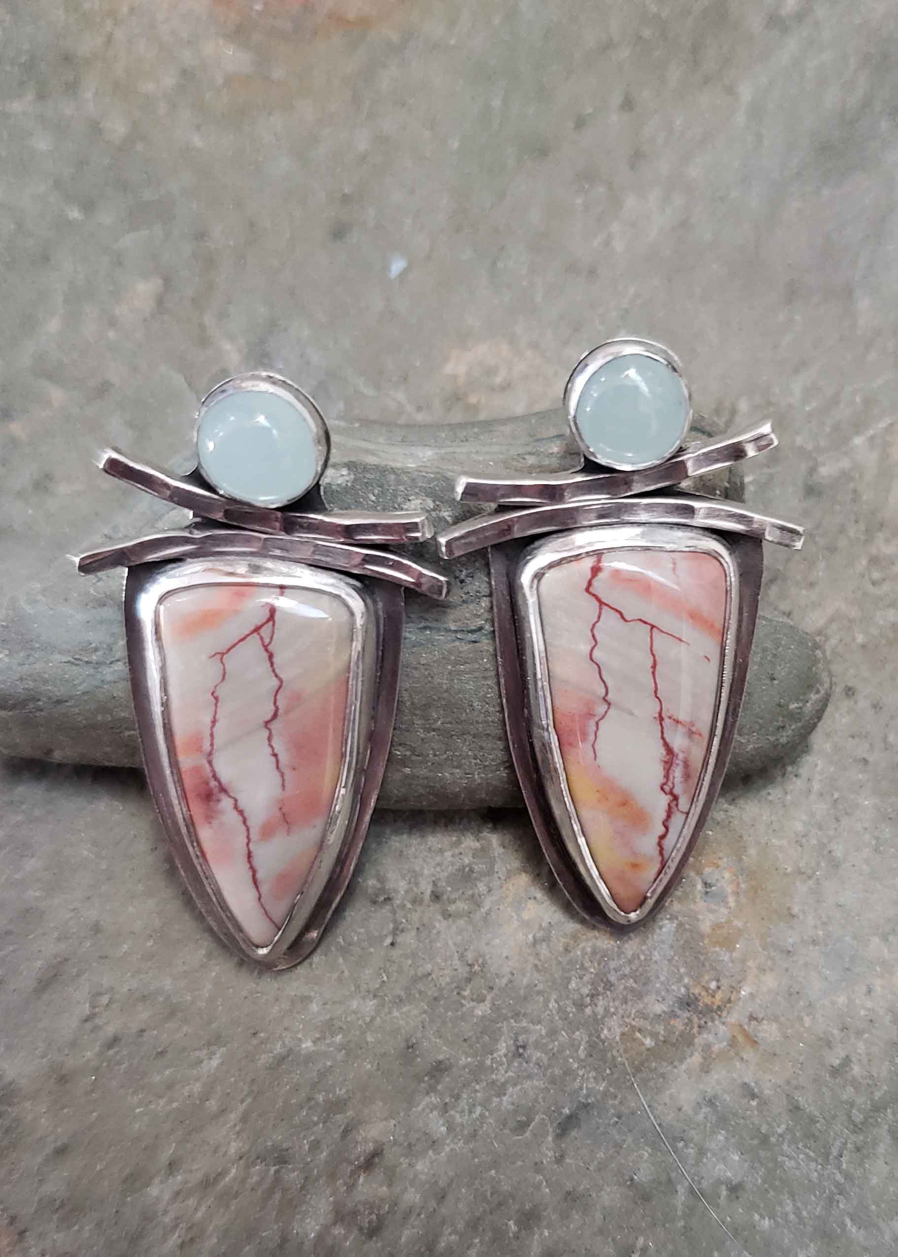 Like Lightening - peach and blue lahontanite and aquamarine post earrings.