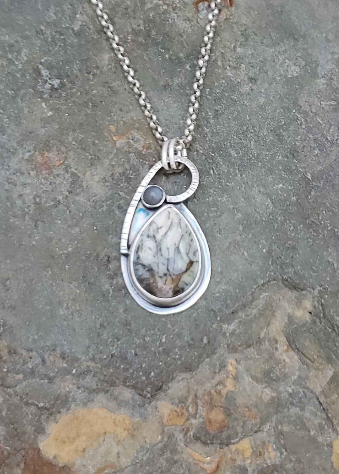 In the Mist - grays and brown Merlinite and silver moonstone pendant.