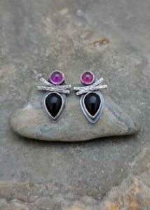 deep pink rhodonite garnet and black onyx silver post earrings