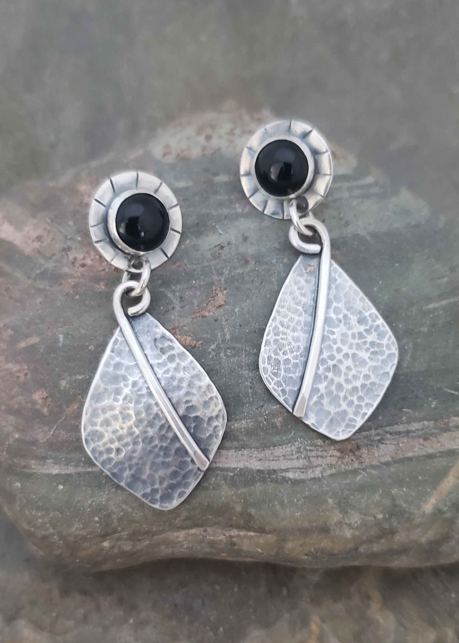 New Moon - silver and black onyx post earrings.