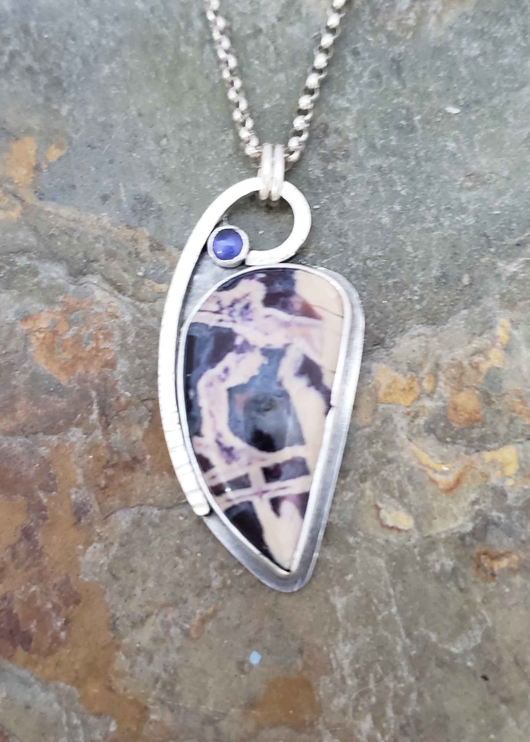 Higher Love - opal fluorite and blue iolite silver pendant.
