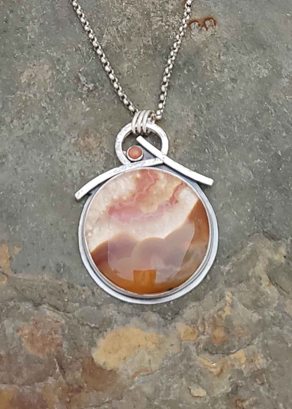 Sky of Delight - peach agate and moonstone silver pendant.