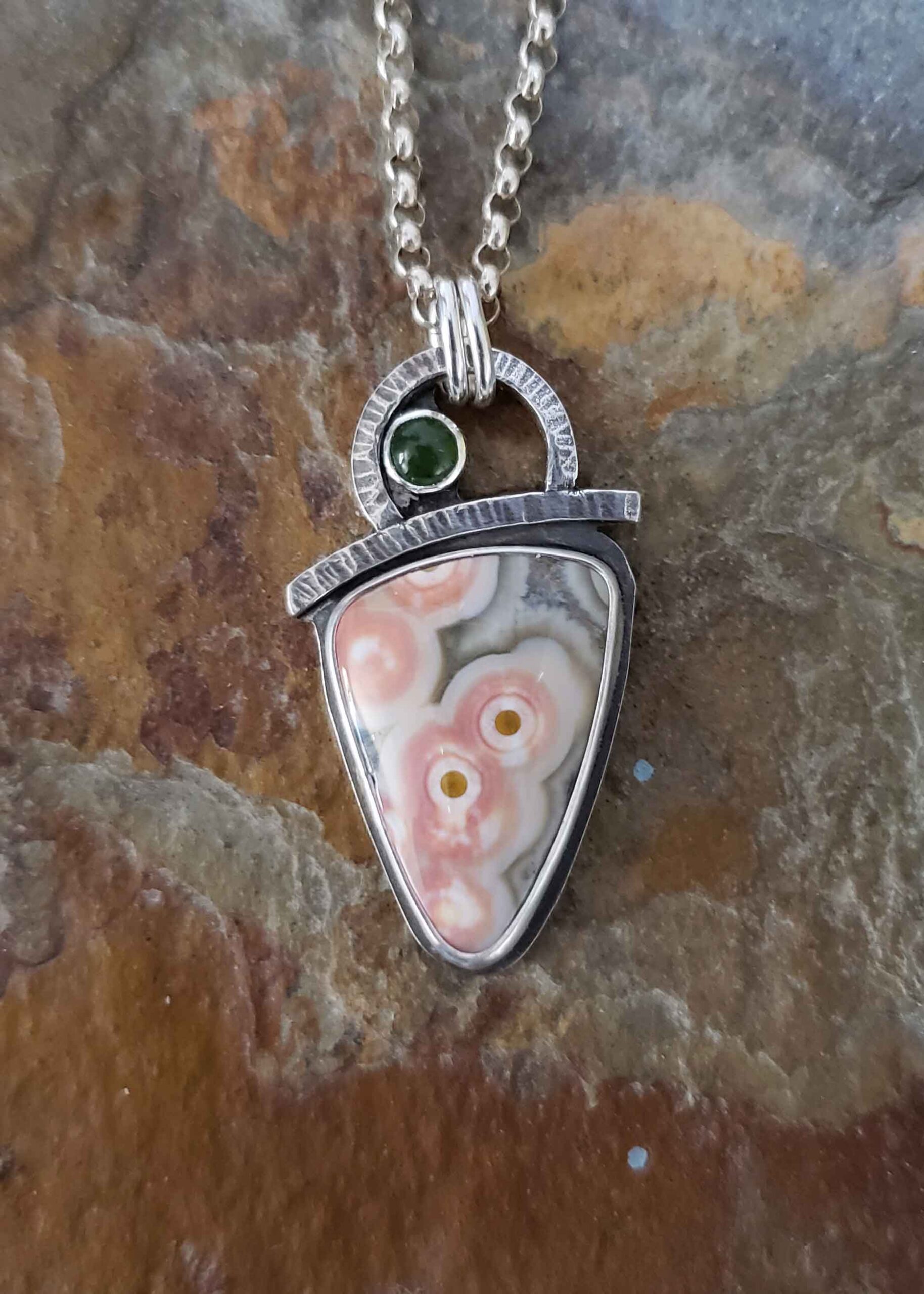 Evolving - peach and green ocean jasper and jade silver pendant.