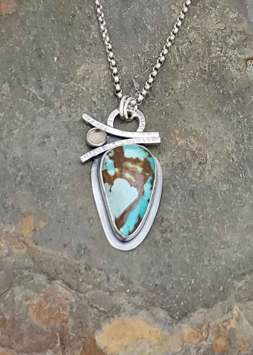 Bringing Wisdom - turquoise and brown smokey quarts silver pendant.