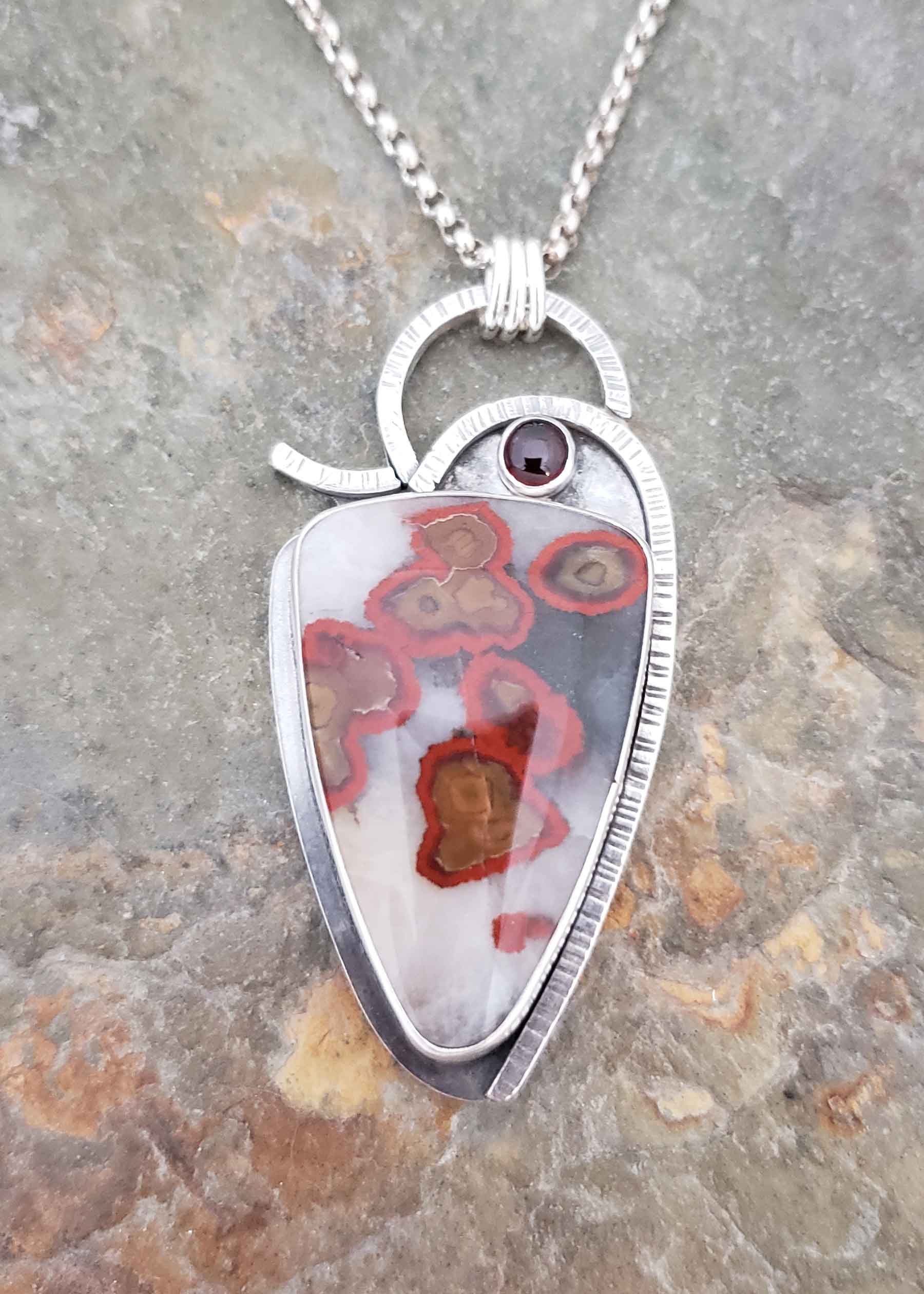 Red Ripple - poppy jasper and garnet silver pendant