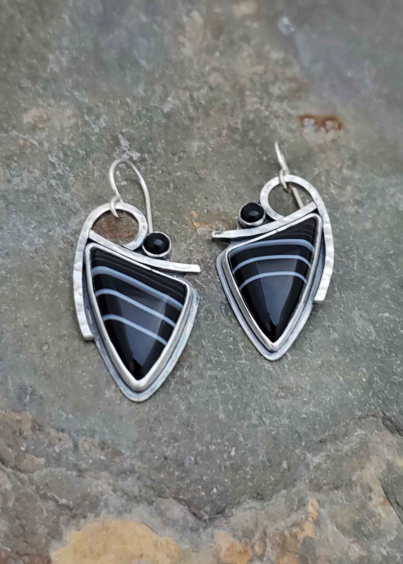 Starlight - black and white sardonyx and onyx silver earrings