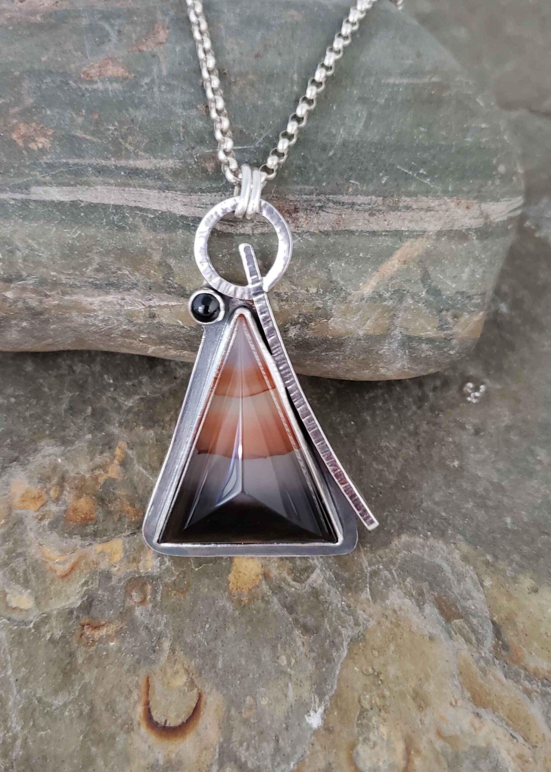 Orange and Black Chalcedony and Black Spinel Sterling Pendant