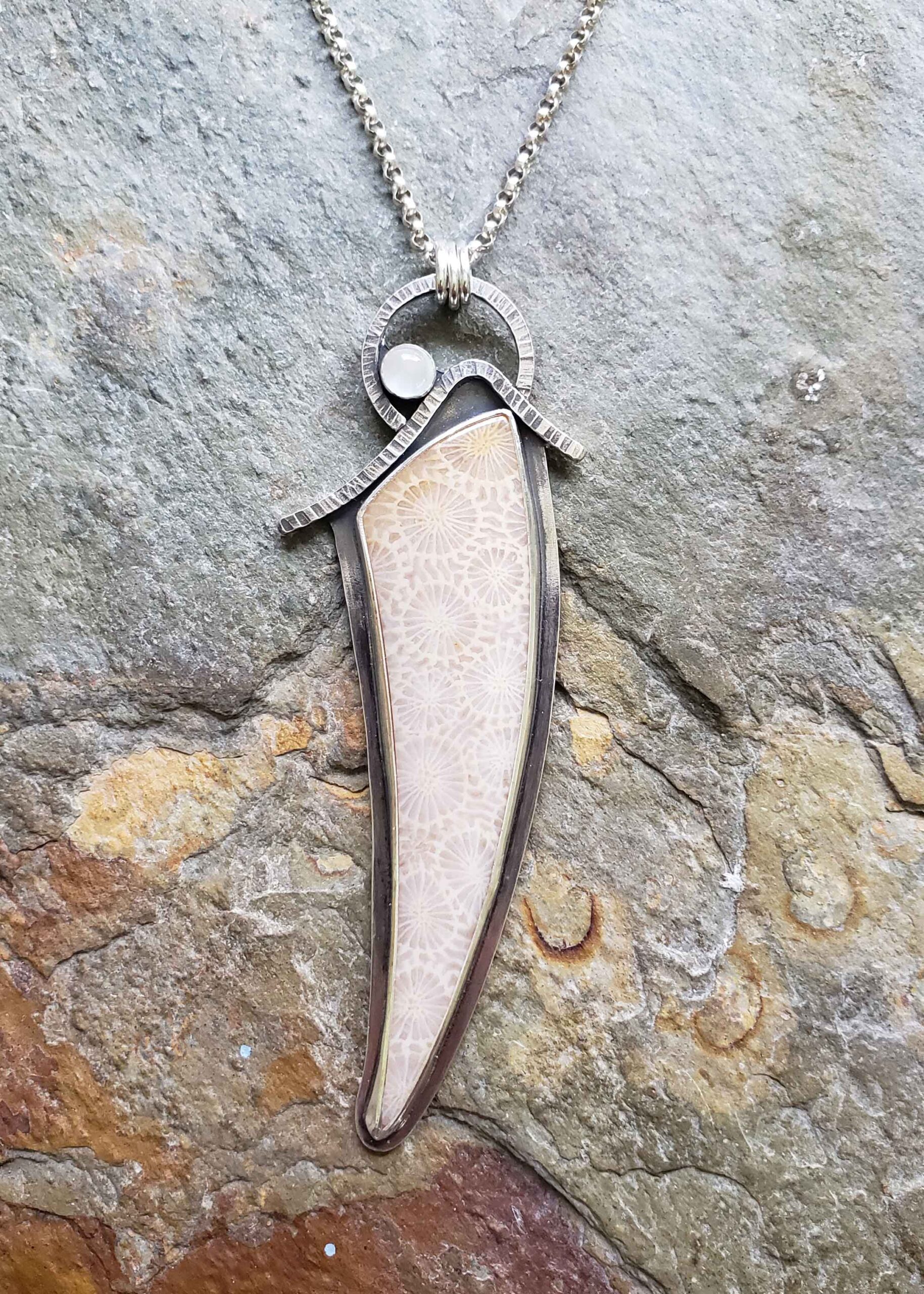 Fossil Coral and White Moonstone Pendant
