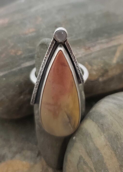 Rusts, golds and greys in this Lahontonite and Silver Moonstone Ring size 8.5
