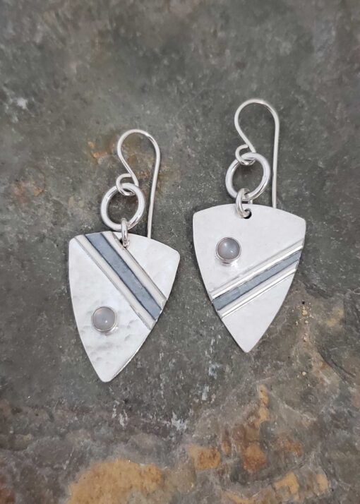 Silver shield earrings with Silver Moonstone