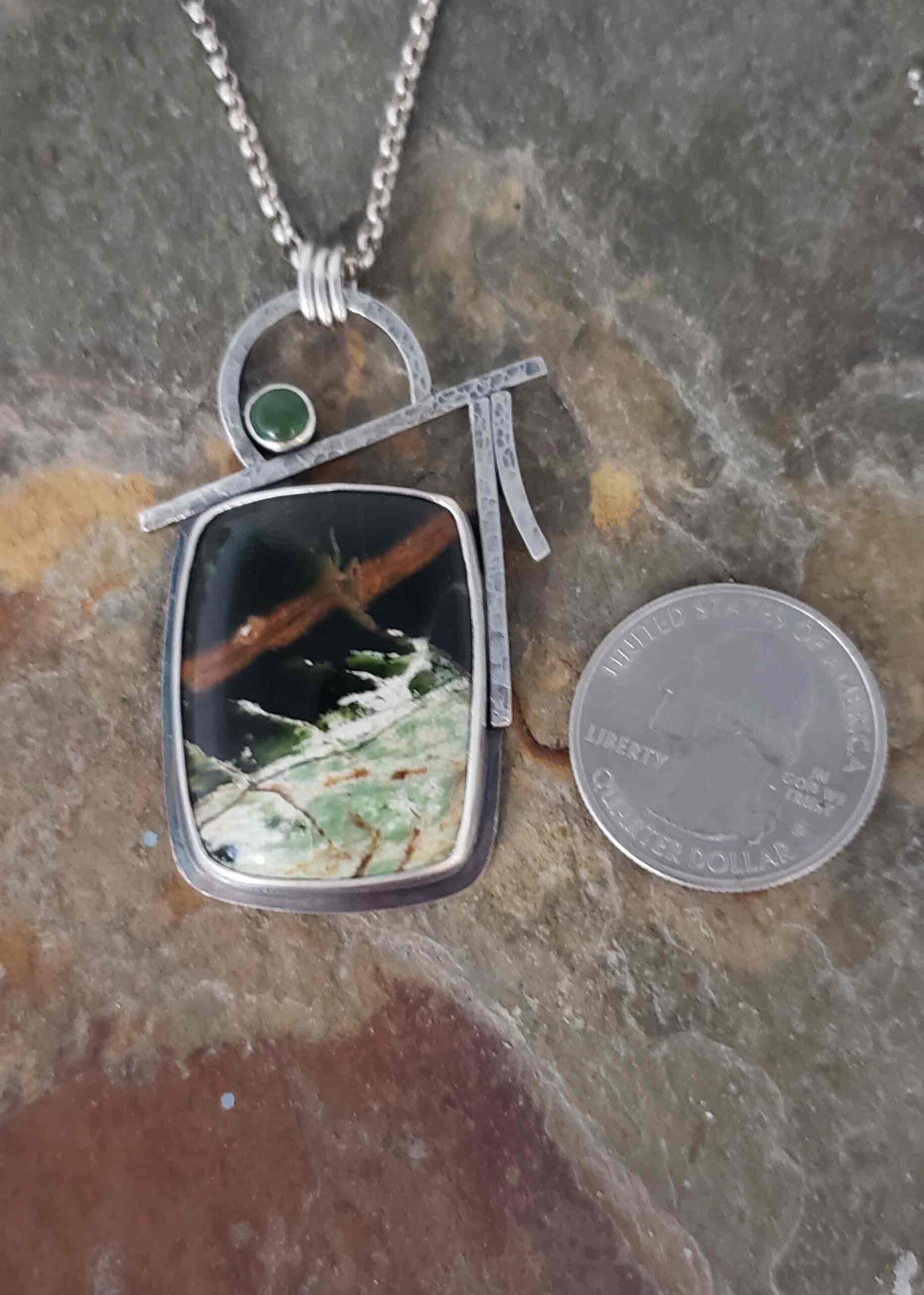 greens and rusts in this Chrome Diopside and Jade pendant in Sterling Silver