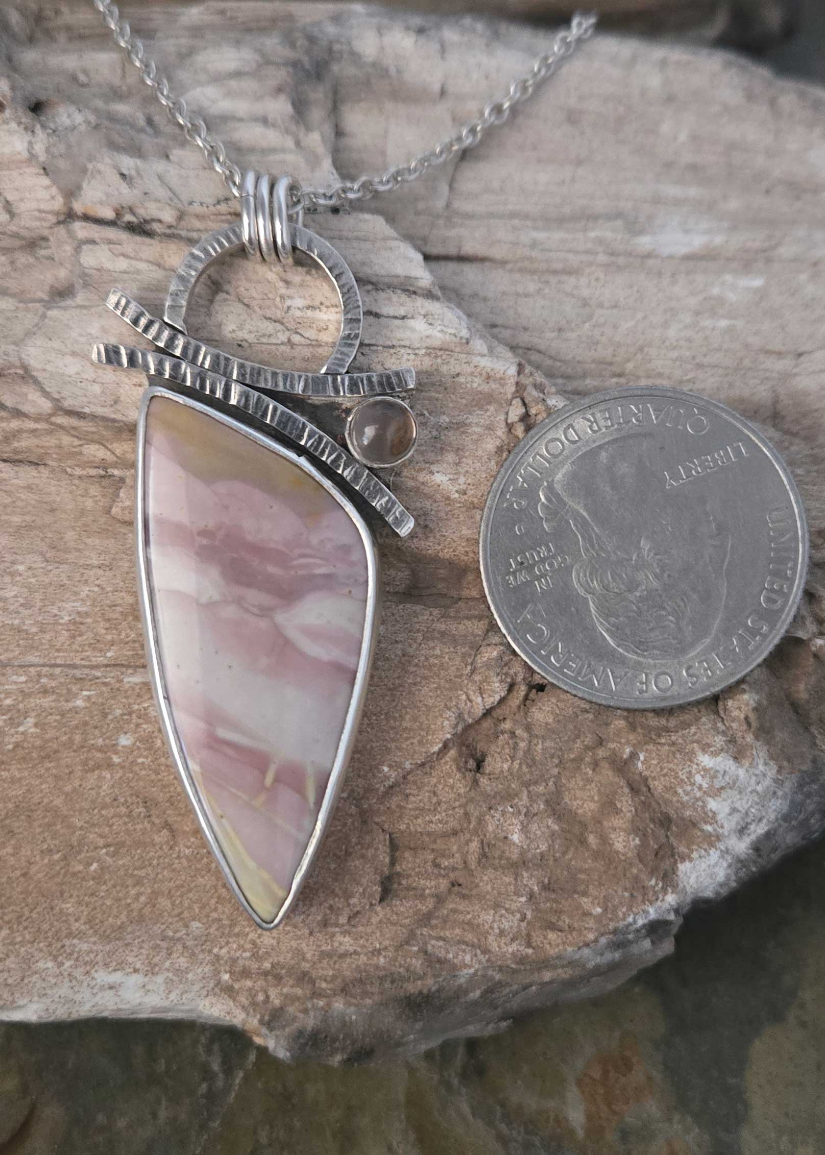 willow-creek-jasper-smokey-quartz-size Rosey pinks in this Willow Creek Jasper with Smokey Quartz silver pendant by Dona Miller