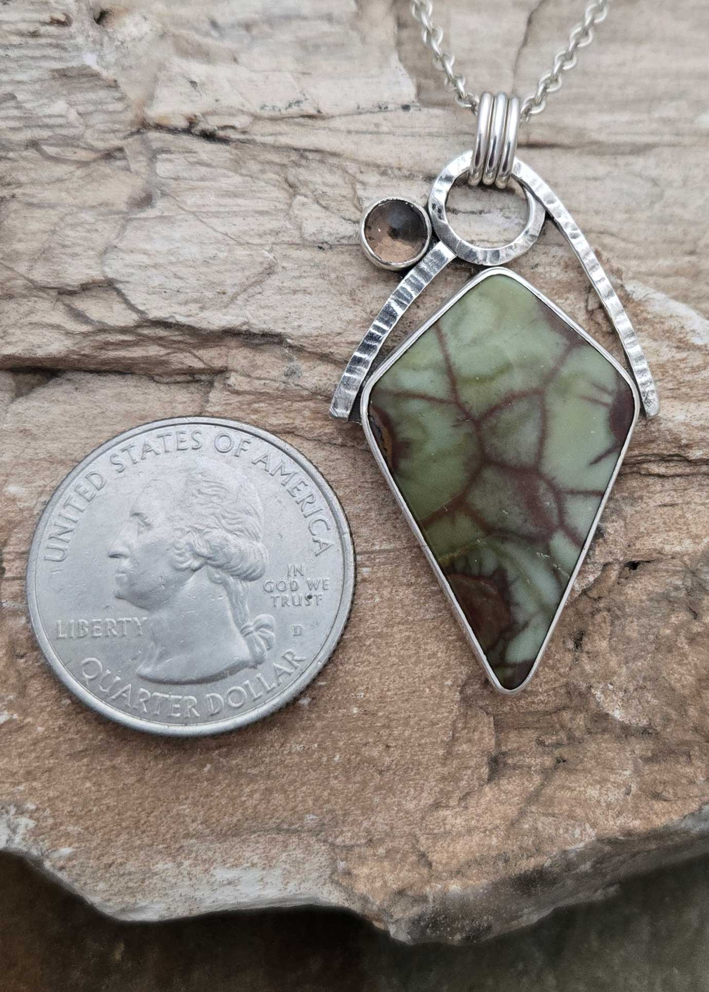 Crocodial Jasper and Smokey Quartz Silver pendant by Dona Miller
