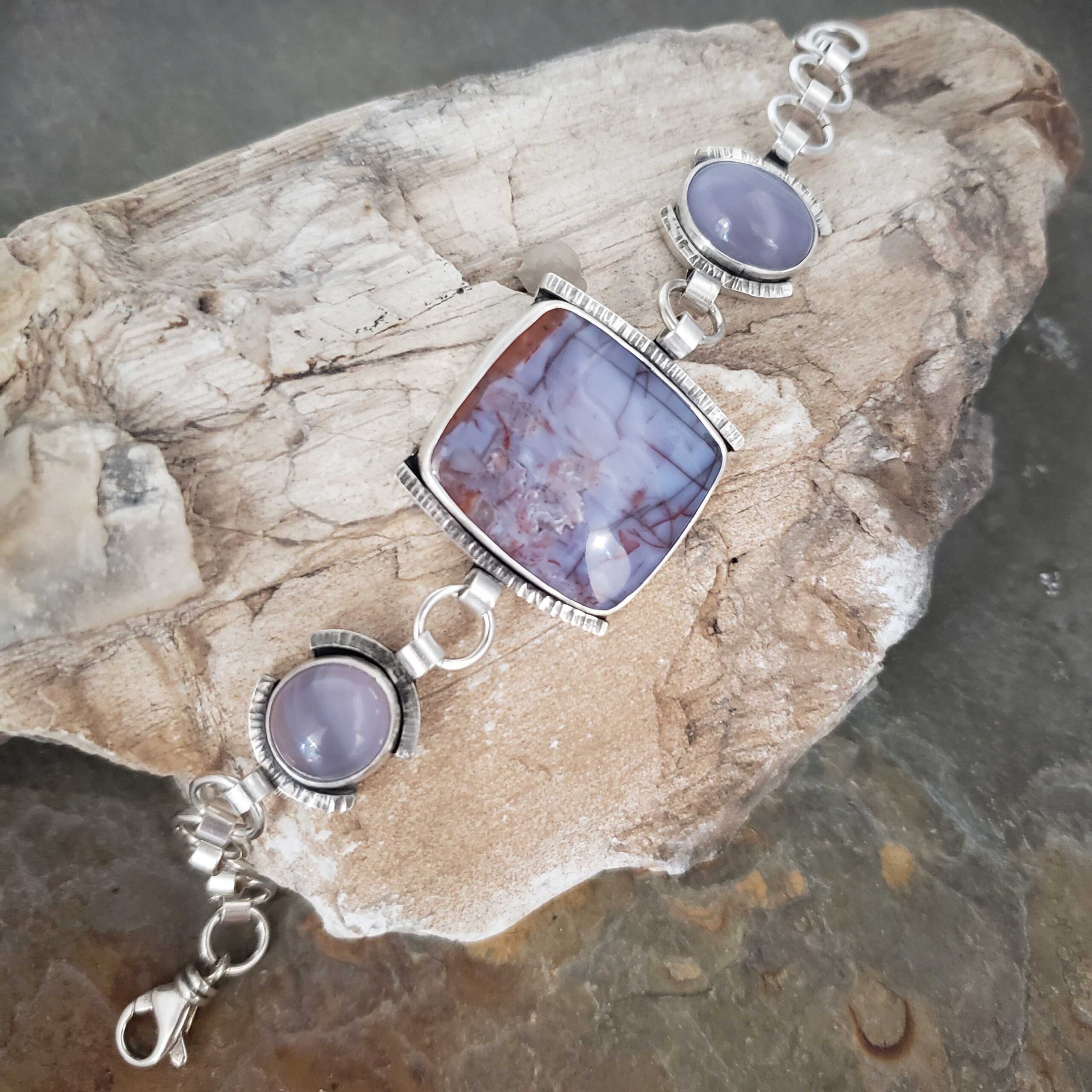 Lavendar blue stones in this silver handcrafted bracelet by Dona Miller