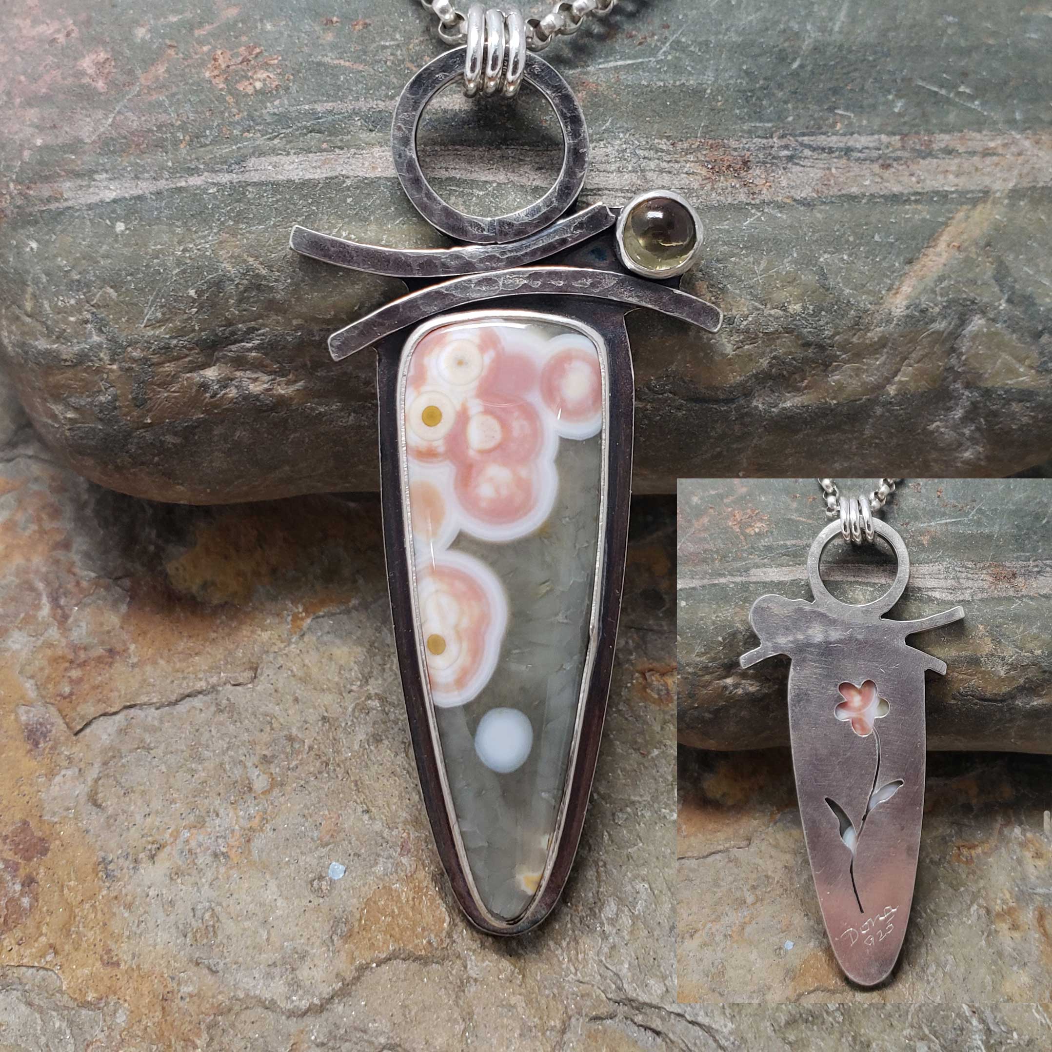 Ocean Jasper and Olive Quartz pendant with cut out by Dona Miller