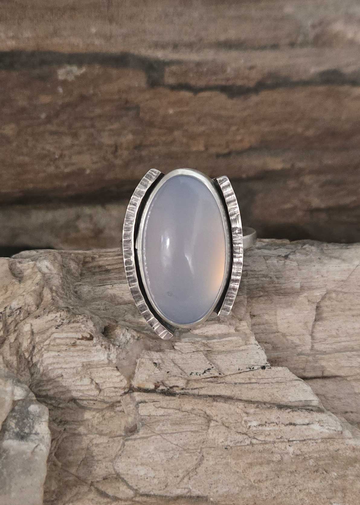 Angel Blue Chalcedony silver ring. By Dona Miller