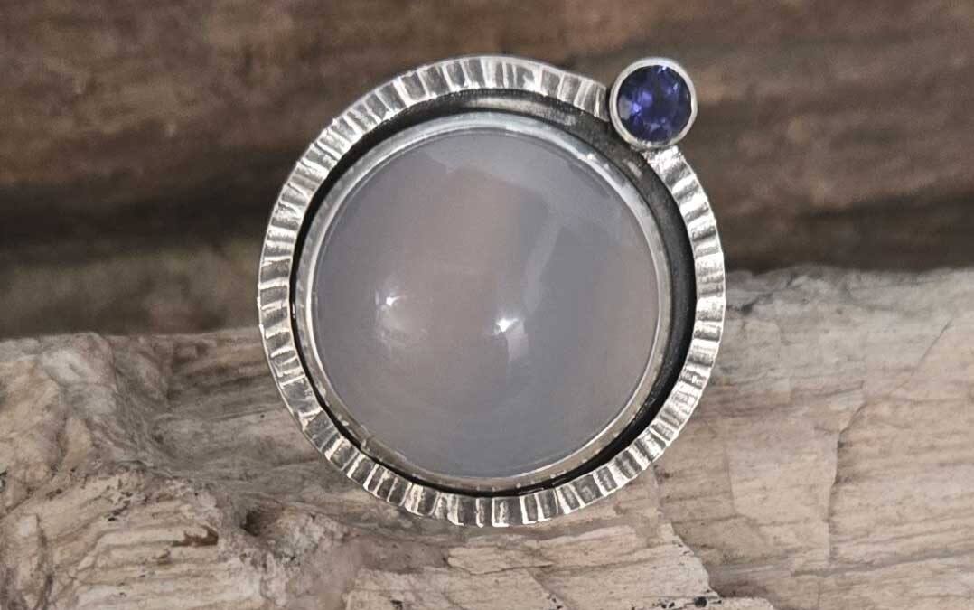 Angel Blue Chalcedony and Iolite silver ring. By Dona Miller