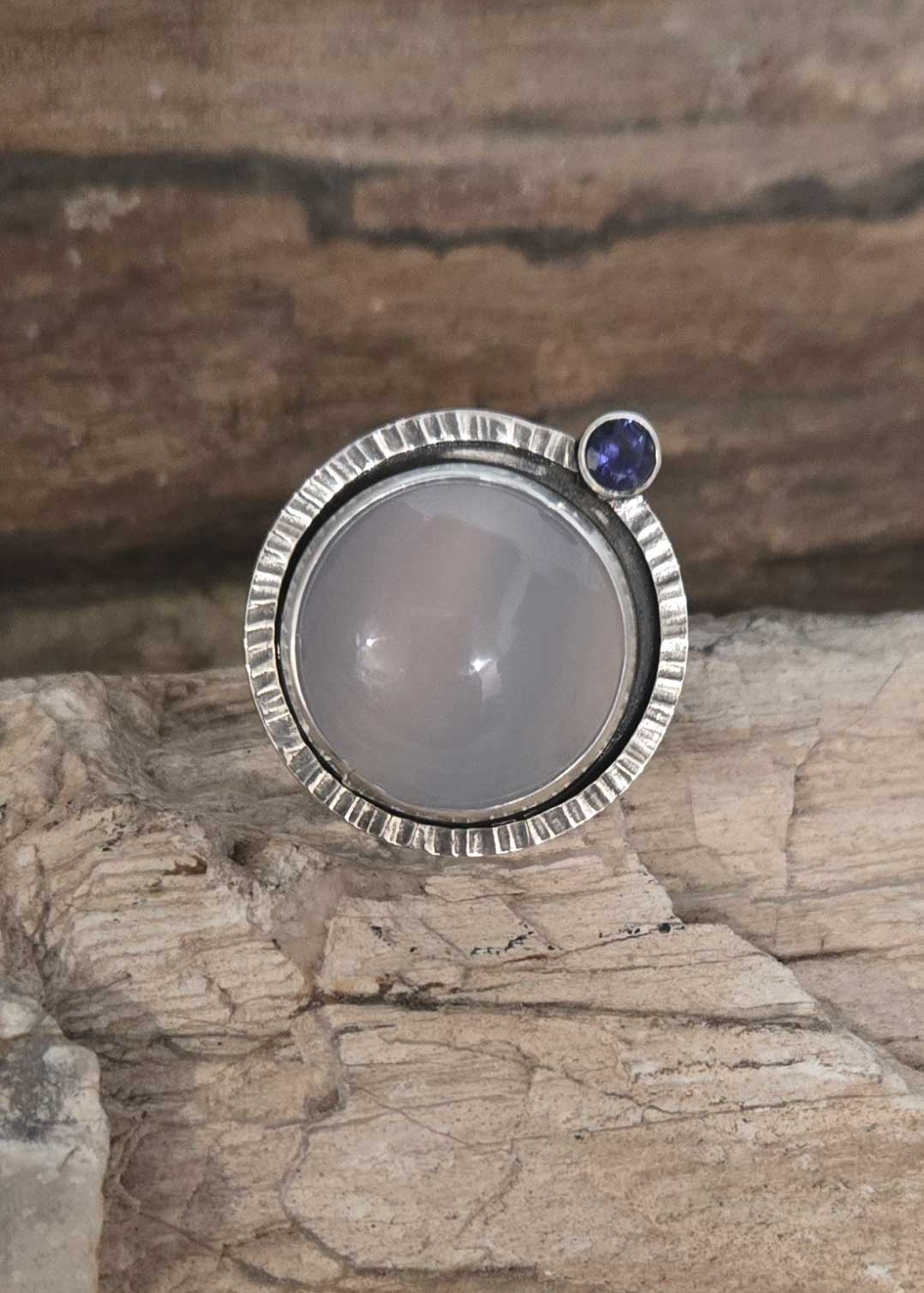 Angel Blue Chalcedony and Iolite silver ring. By Dona Miller